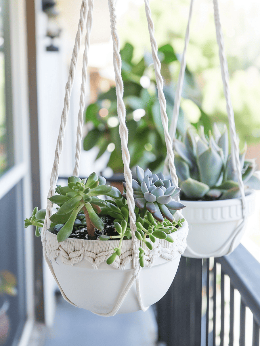 minimalist boho balcony with white macrame hanging planter and succulents
