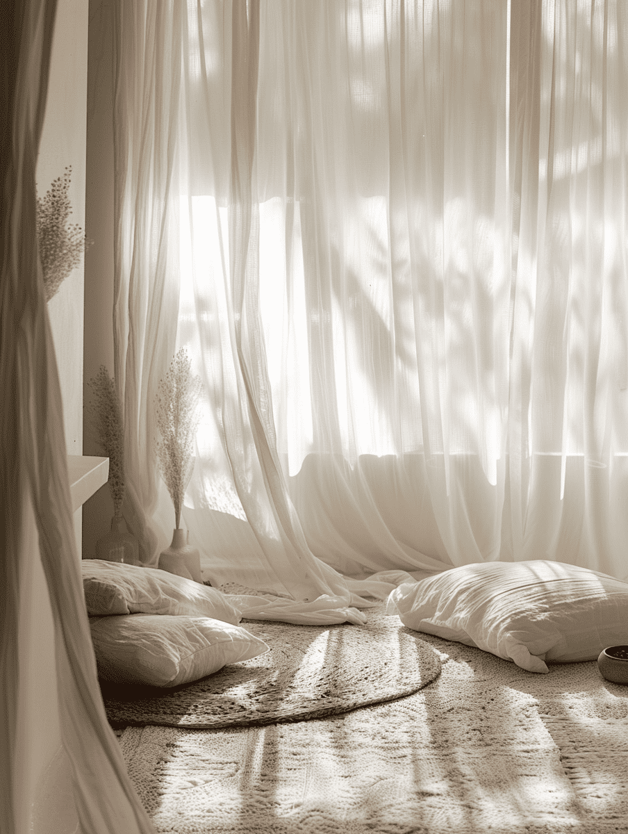 boho meditation space with white sheer curtains for diffused light