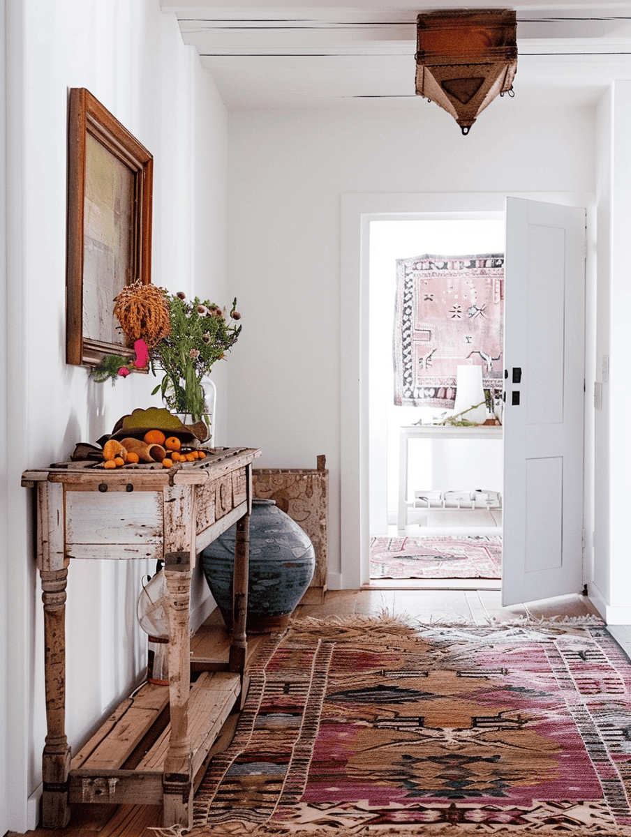 rustic boho entryway design with a whitewashed wood console and a colorful kilim rug