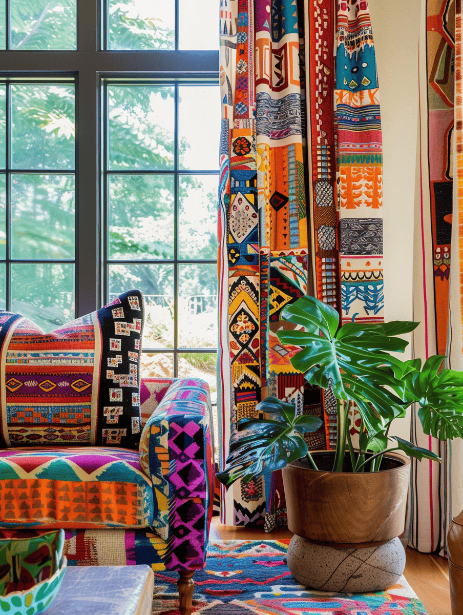 Windows framed with bold, patterned curtains in vibrant geometric shapes