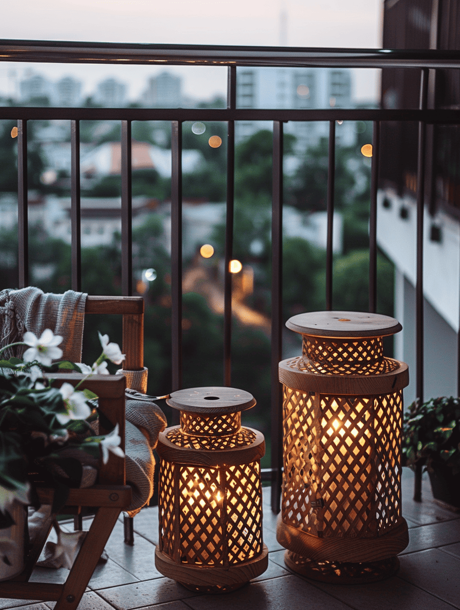 minimalist boho balcony with wooden lanterns and LED candles