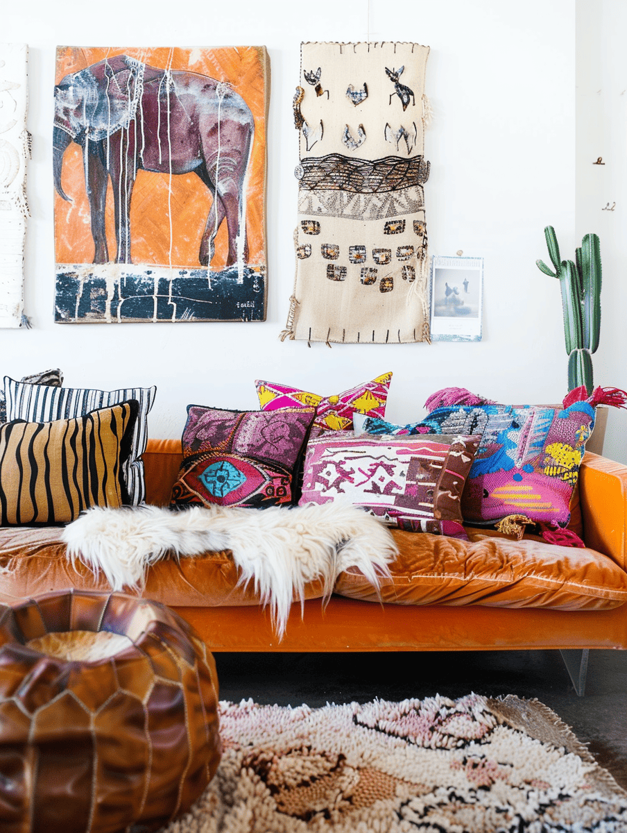 boho decor. cozy nook radiates individuality with a plush, camel-toned leather sofa