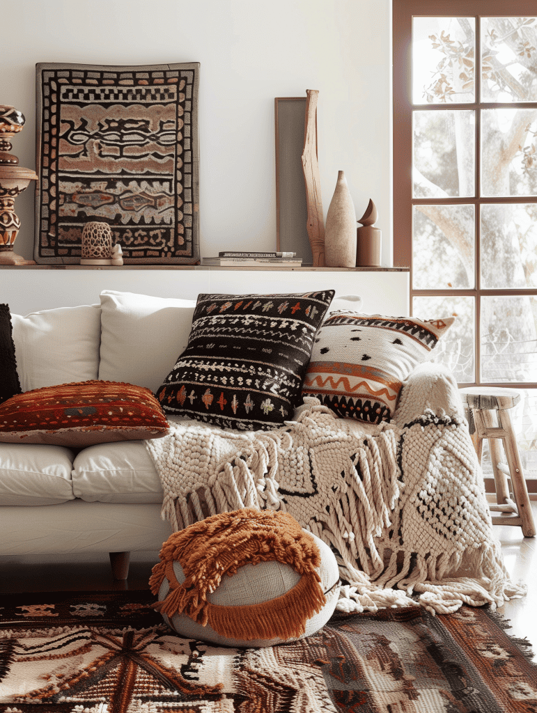 Boho inspired living room with matching textiles