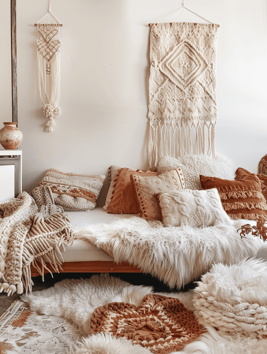 A bohemian-styled nook with a plush daybed is adorned with an array of decorative pillows and shaggy throws, complemented by intricate macramé wall hangings and a soft, textured rug, creating a serene and inviting space.