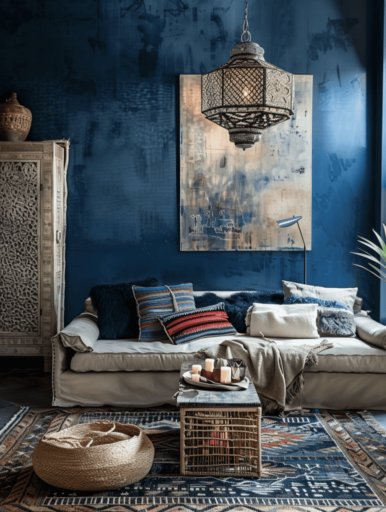 modern boho living room with global decor influences in blue hues