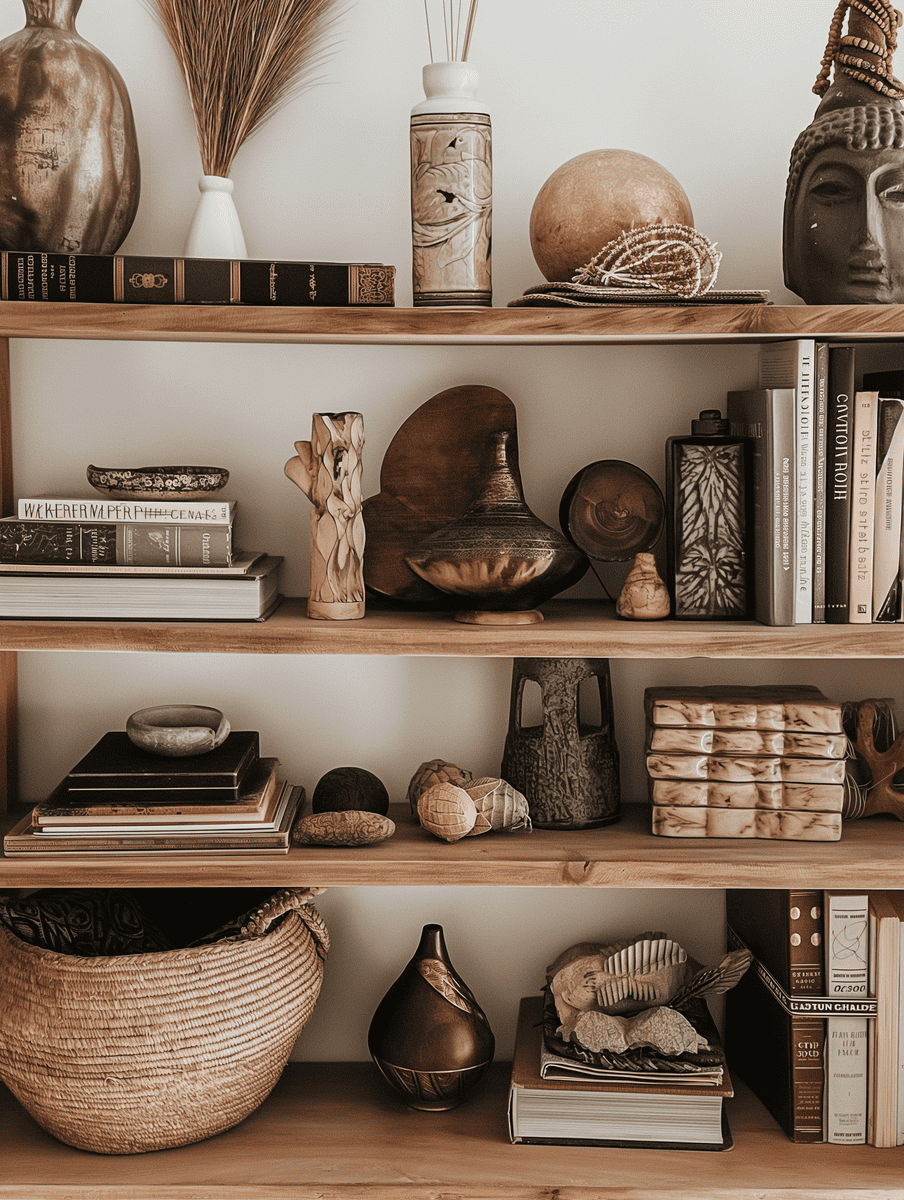 shelf with a collection of vintage boho chic decor items
