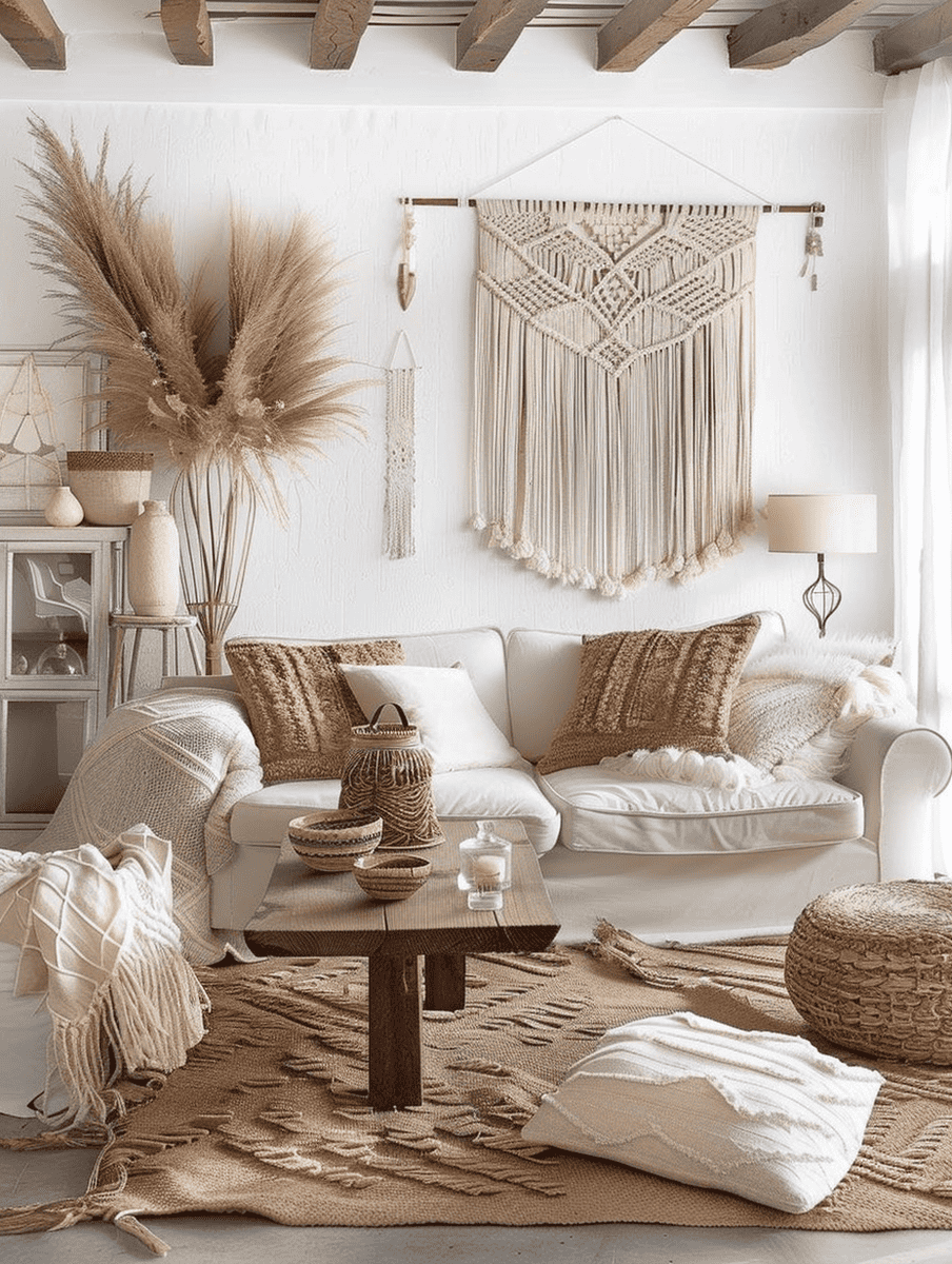 boho chic living room design with earthy tones and macrame wall hangings