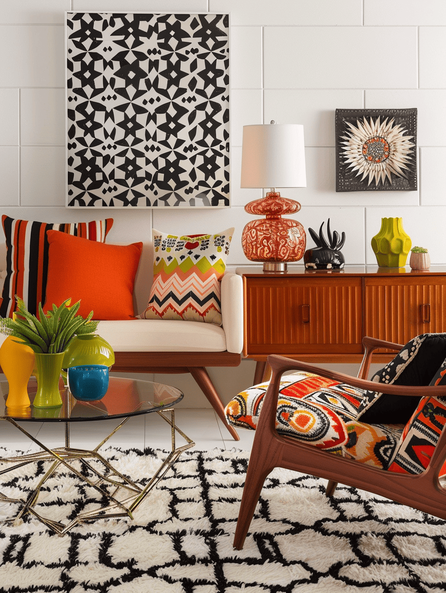 boho chic living room design with bold geometric patterns and mid-century modern furniture