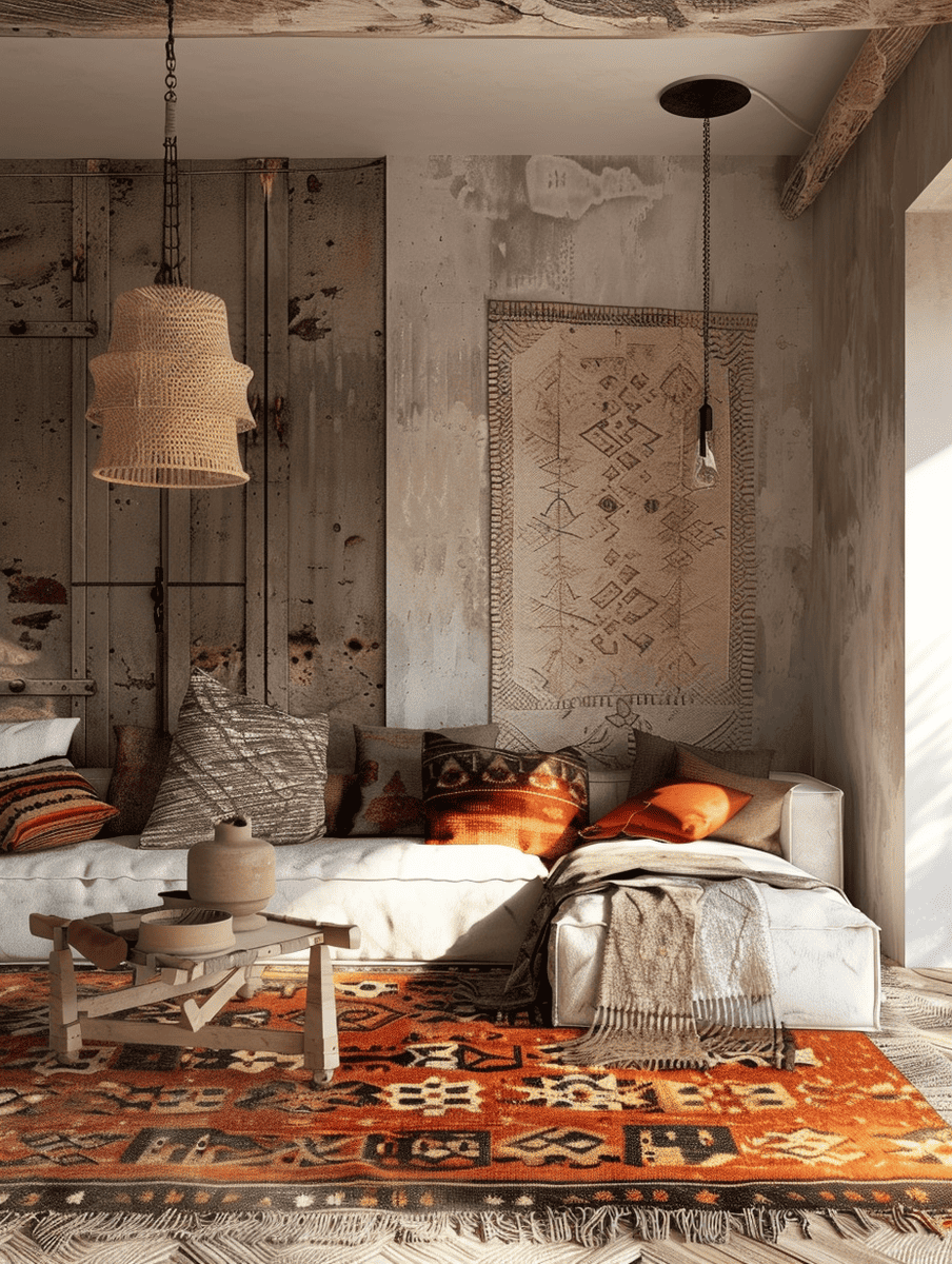 boho chic living room design featuring layered rugs and ambient lighting