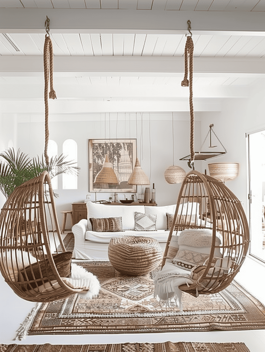 boho chic living room design with hanging rattan chairs and woven baskets