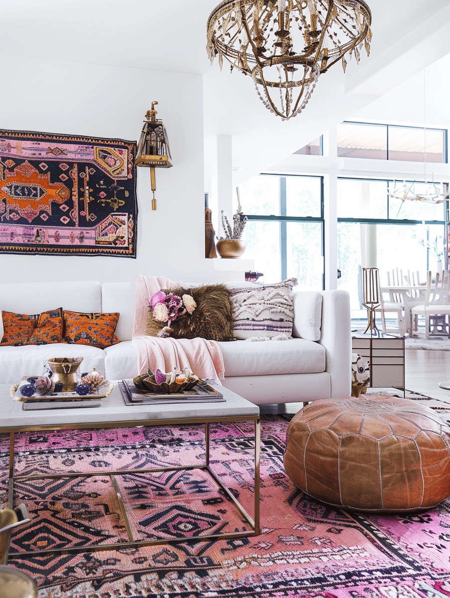 boho chic living room design with vintage rugs and brass accents