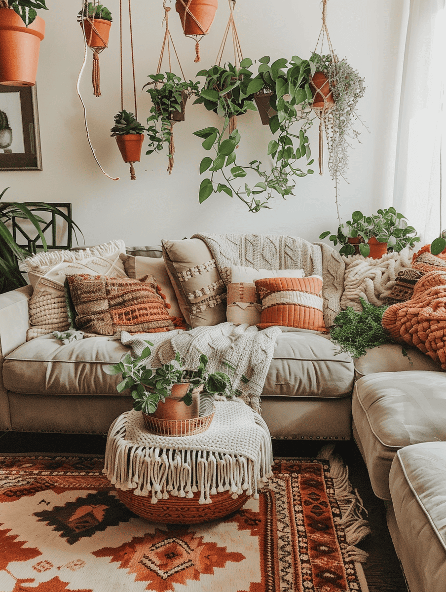 boho chic living room design featuring DIY macrame plant hangers and terracotta pots