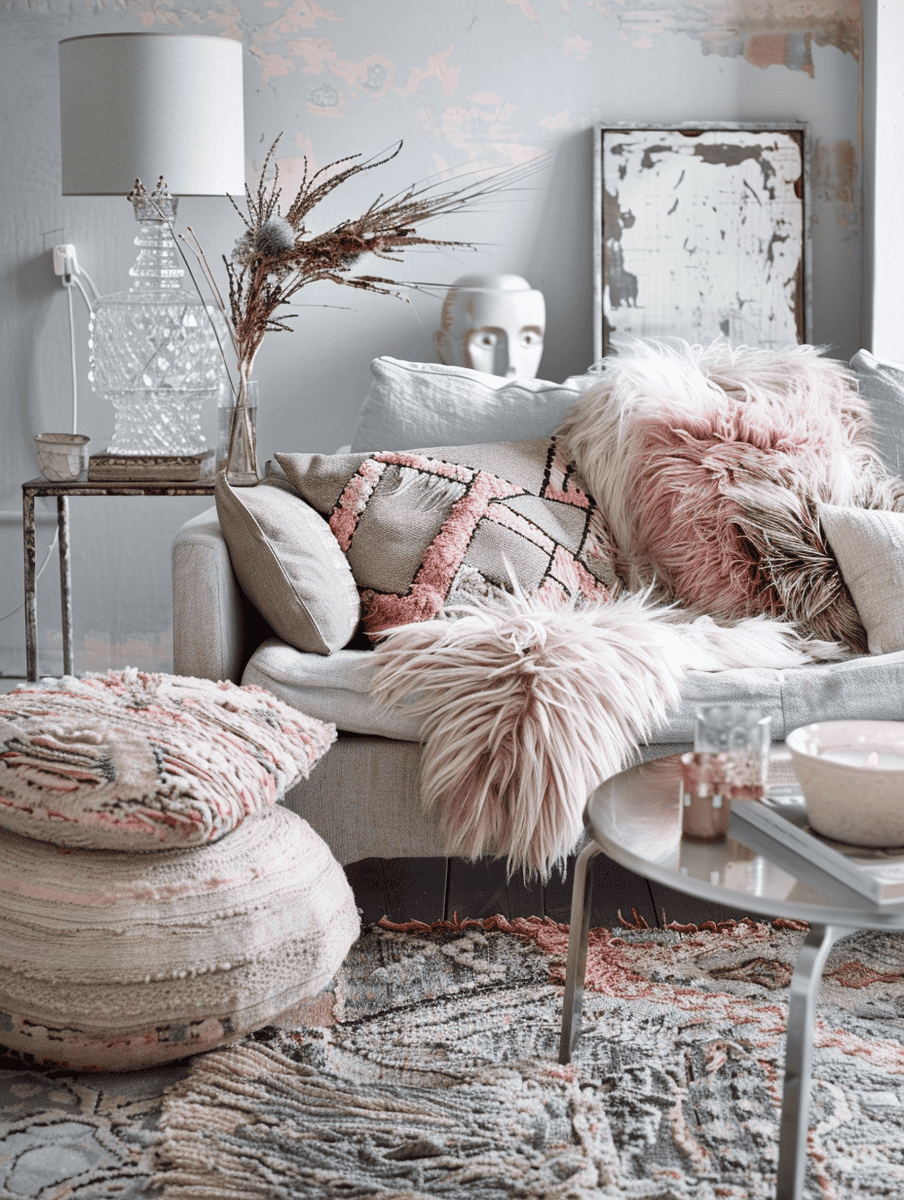 boho chic living room design with soft pastels and fluffy textures