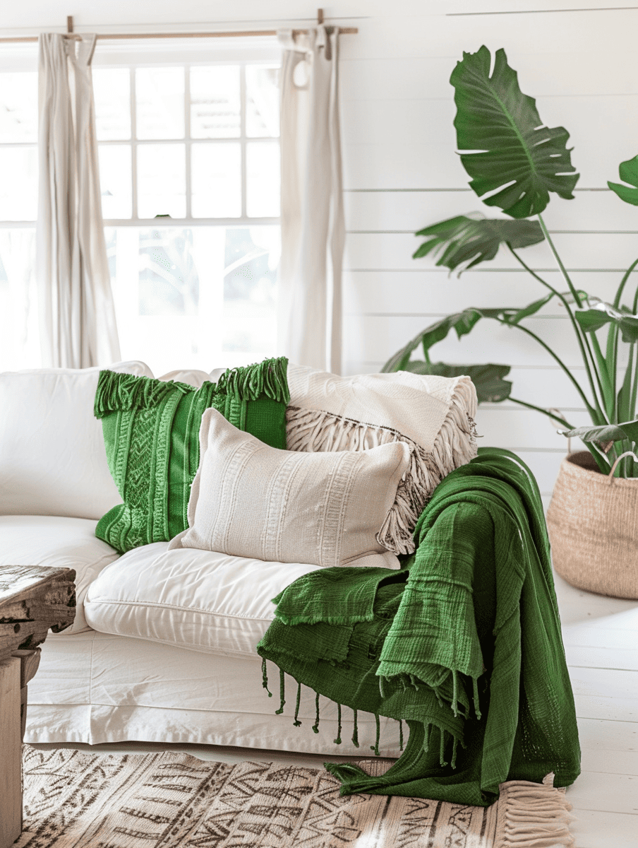 boho chic living room design with vibrant textiles and indoor plants