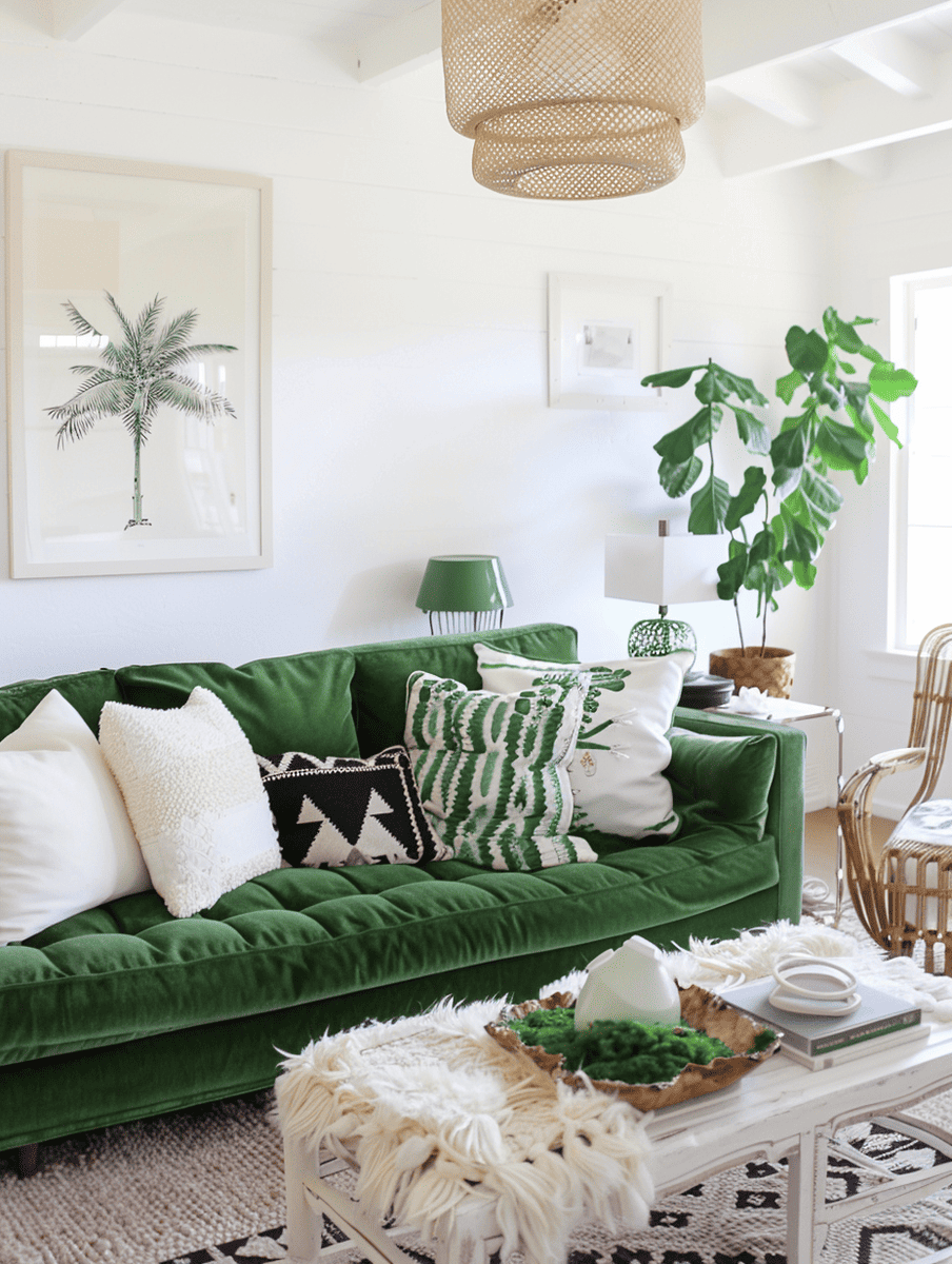boho chic living room design with a minimalist white and green palette