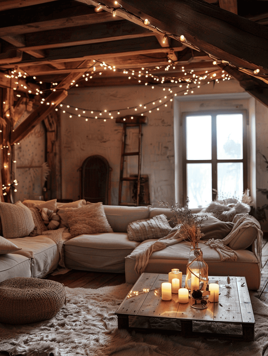 boho chic living room design with rustic wood elements and fairy lights