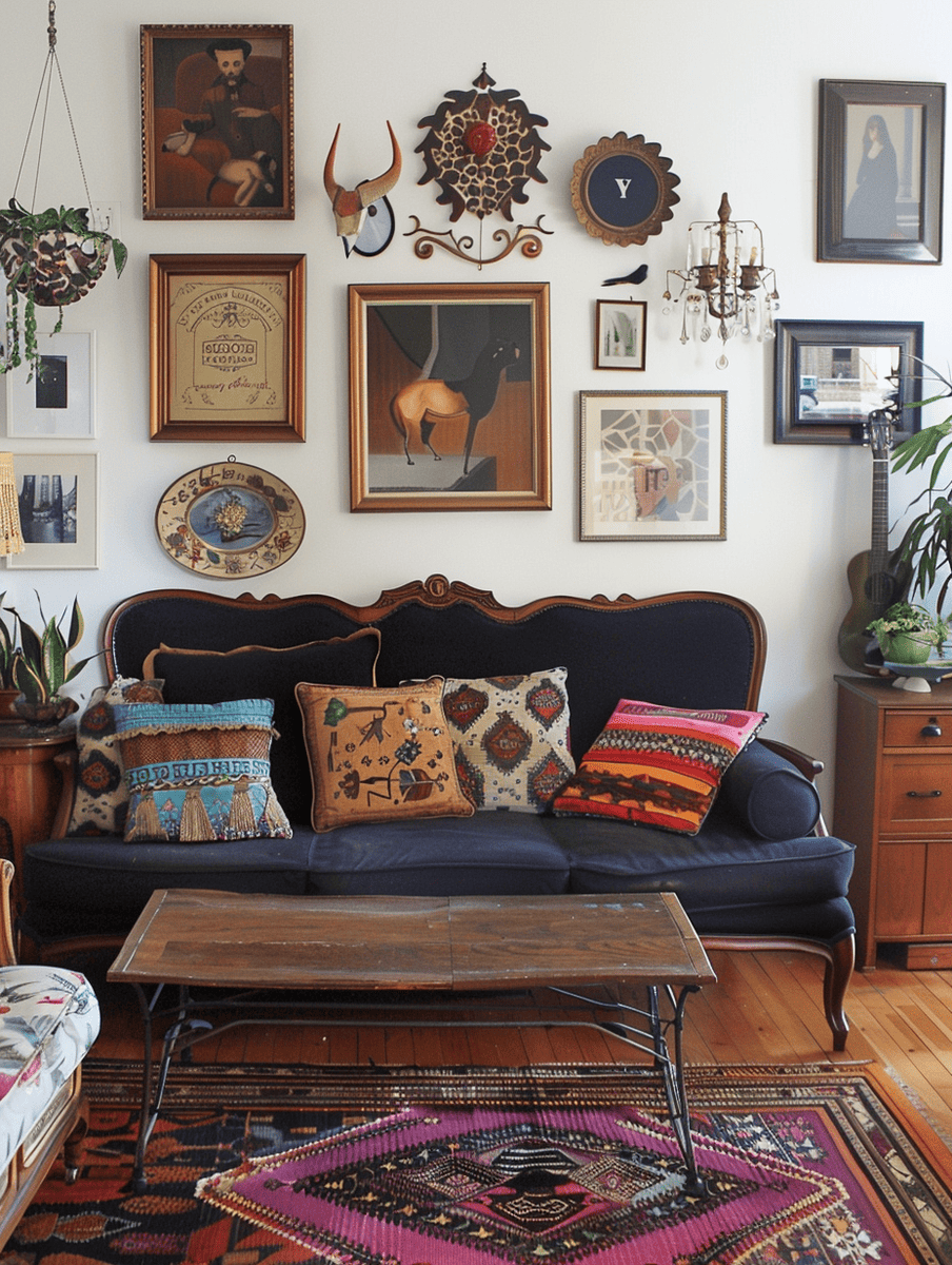 boho chic living room design with a bohemian gallery wall and vintage furniture