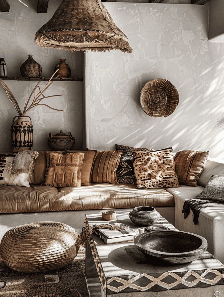 boho chic living room design with tribal patterns and earthy pottery