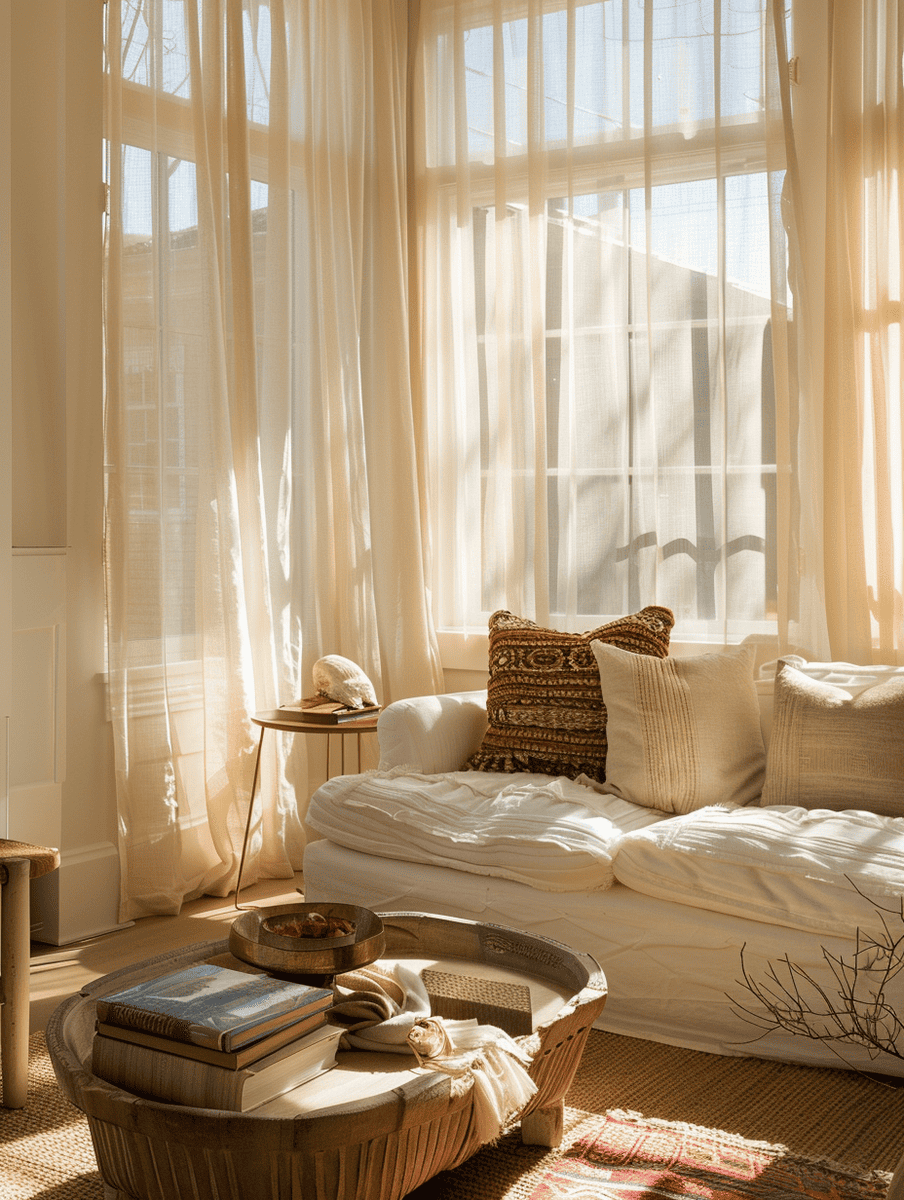 boho chic living room design emphasizing natural light and sheer curtains