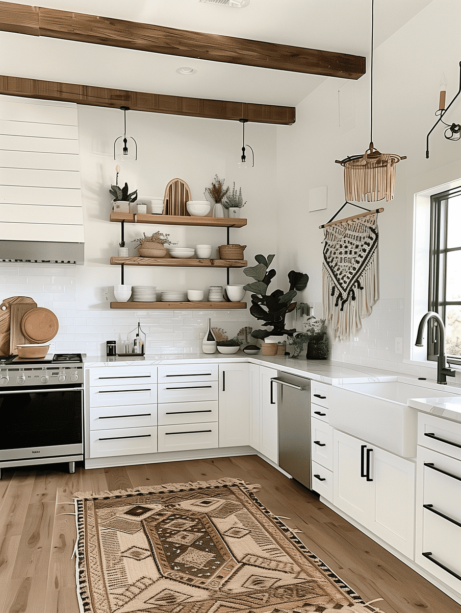 modern boho kitchen design with sleek white cabinetry and macrame wall accents