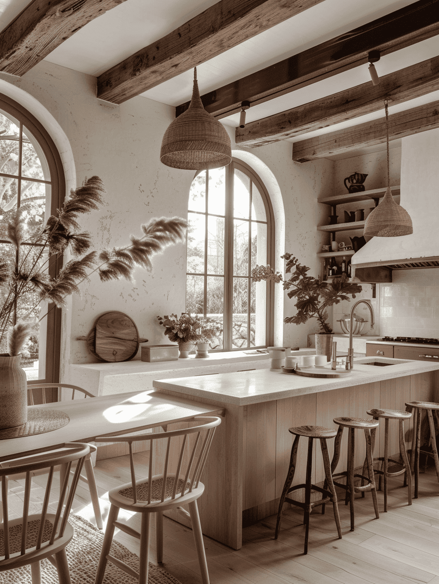 modern boho kitchen design with high ceilings with wooden beams and large windows