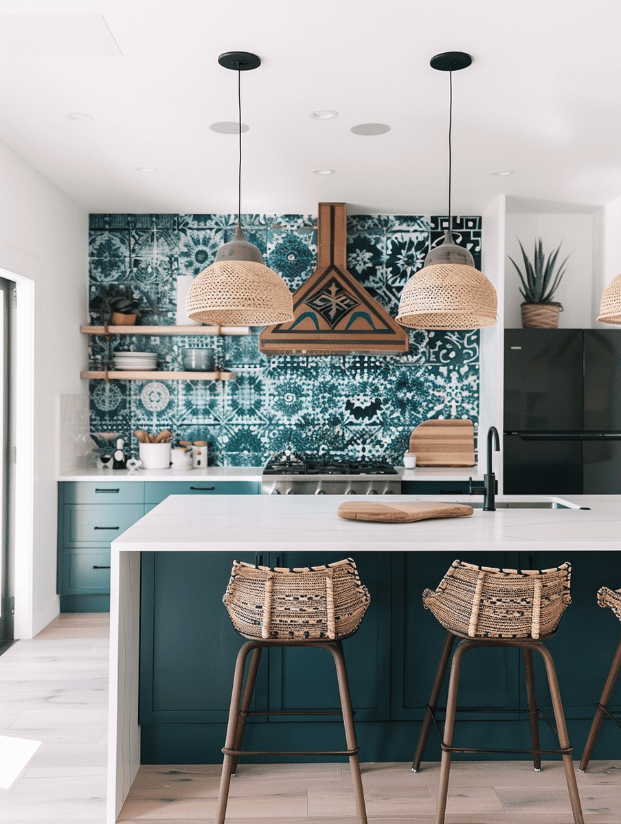 modern boho kitchen design with Moroccan tiles as a feature wall