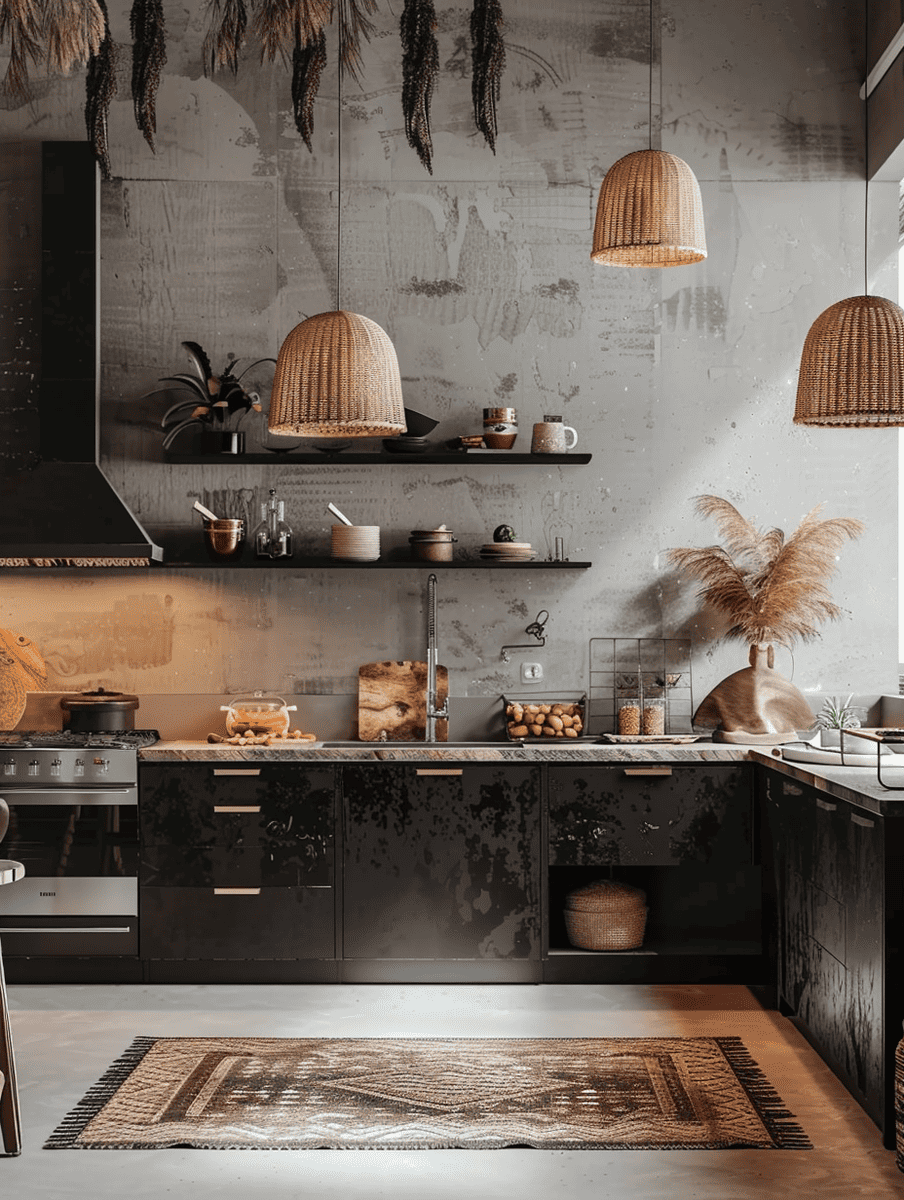 modern boho kitchen design with industrial-style lighting and bohemian decor