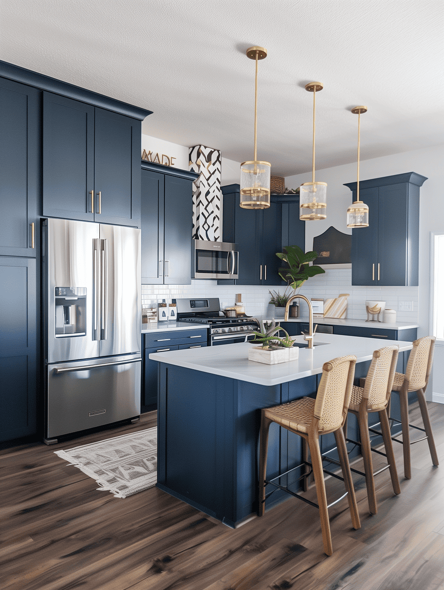 modern boho kitchen design with gold accents on navy blue cabinetry