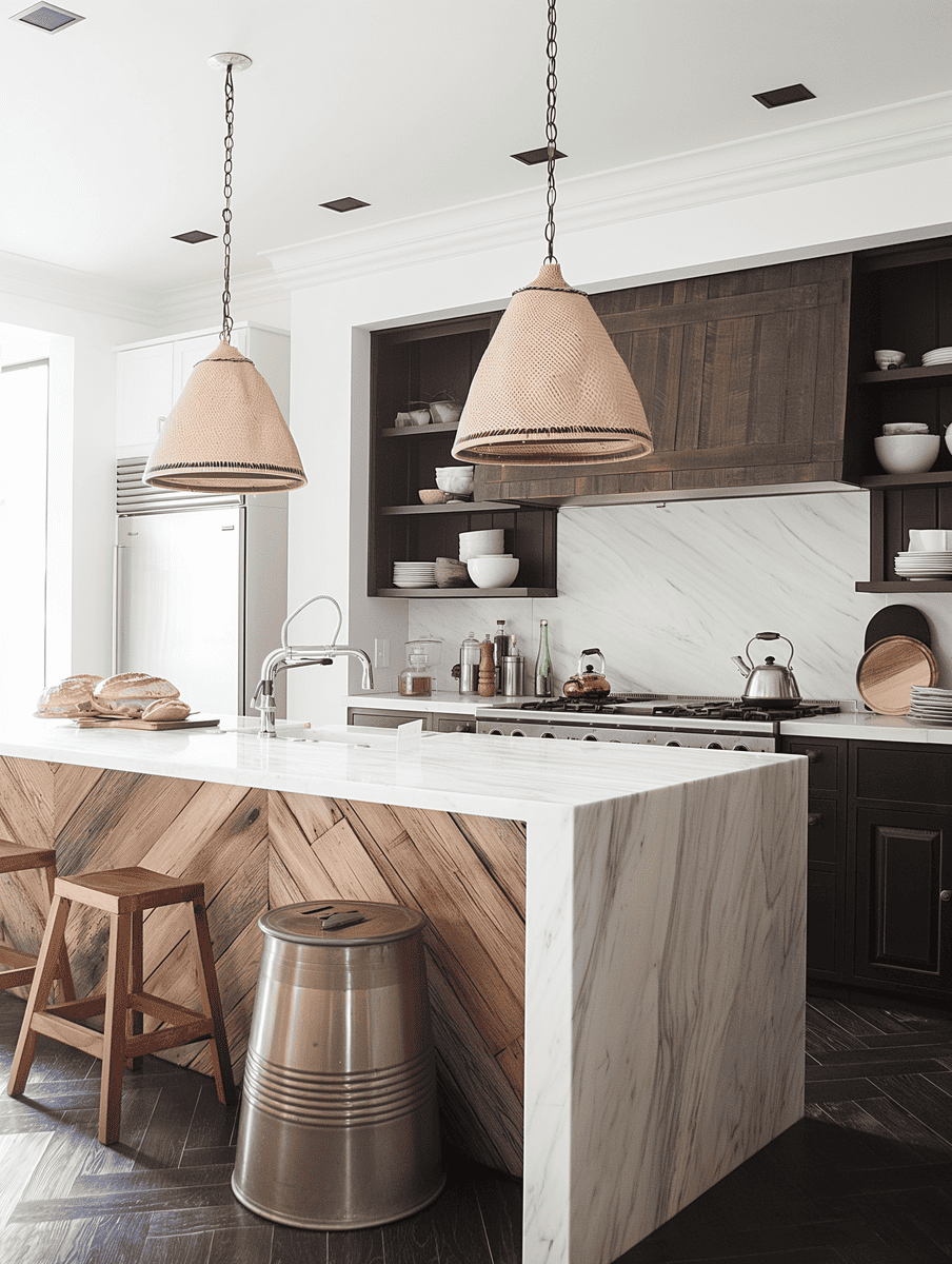 modern boho kitchen design with reclaimed wood island and a marble top