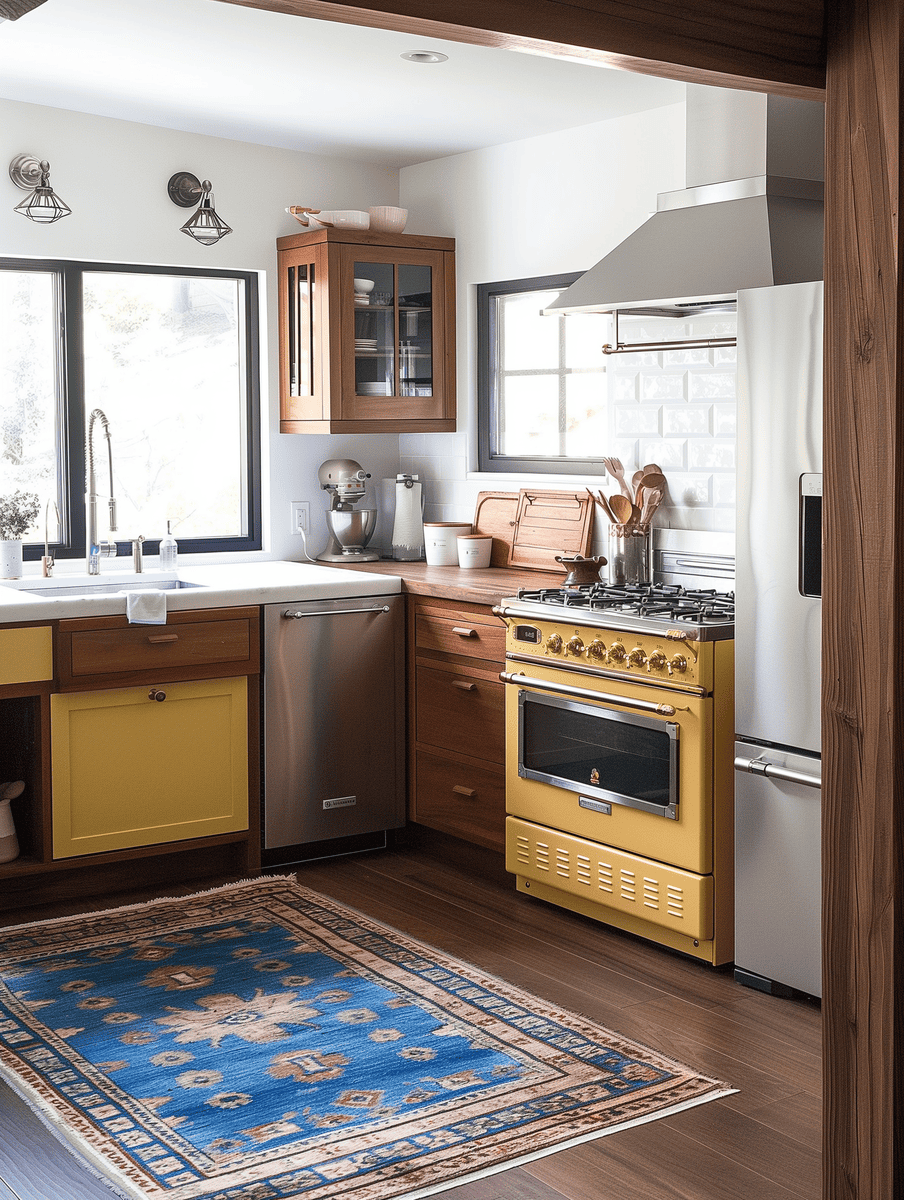 modern boho kitchen design with vintage-inspired appliances and modern cabinetry