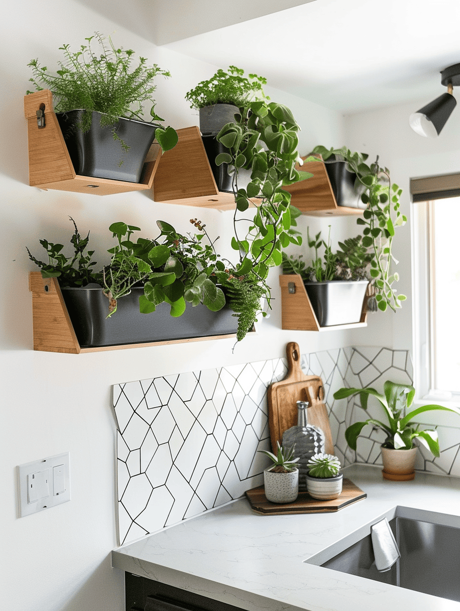 modern boho kitchen design with wall-mounted planters and geometric shapes