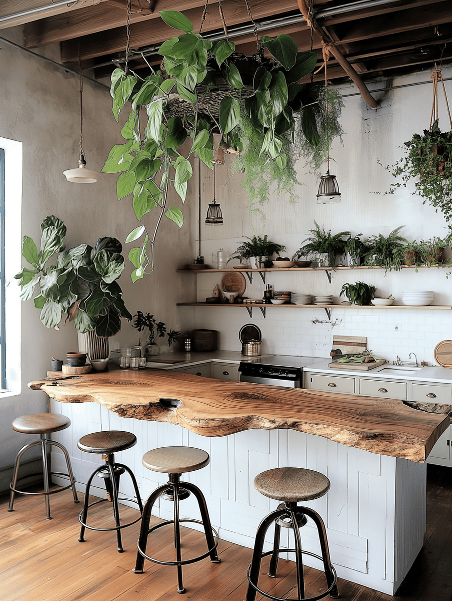 modern boho kitchen design with natural wood elements and hanging greenery
