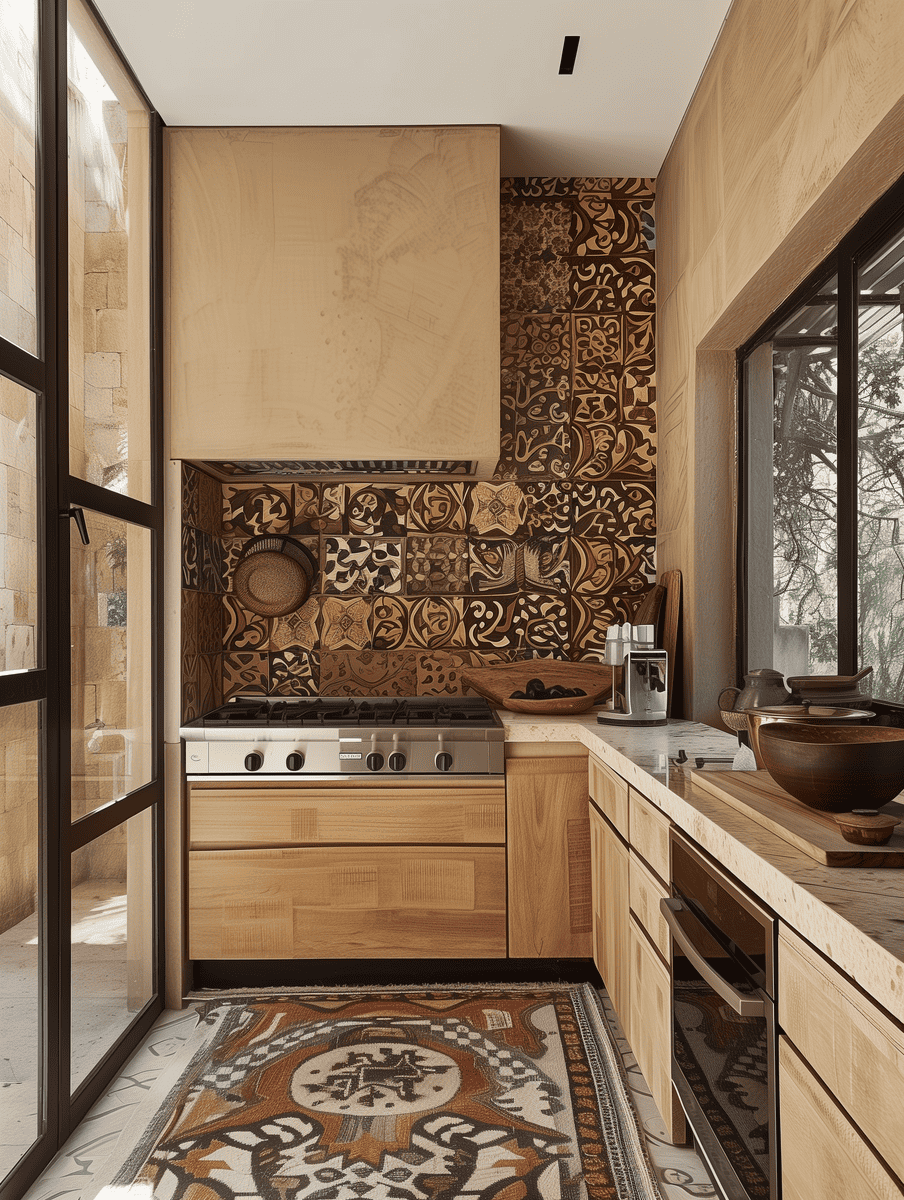 modern boho kitchen design with boho-patterned backsplash and minimalist countertops
