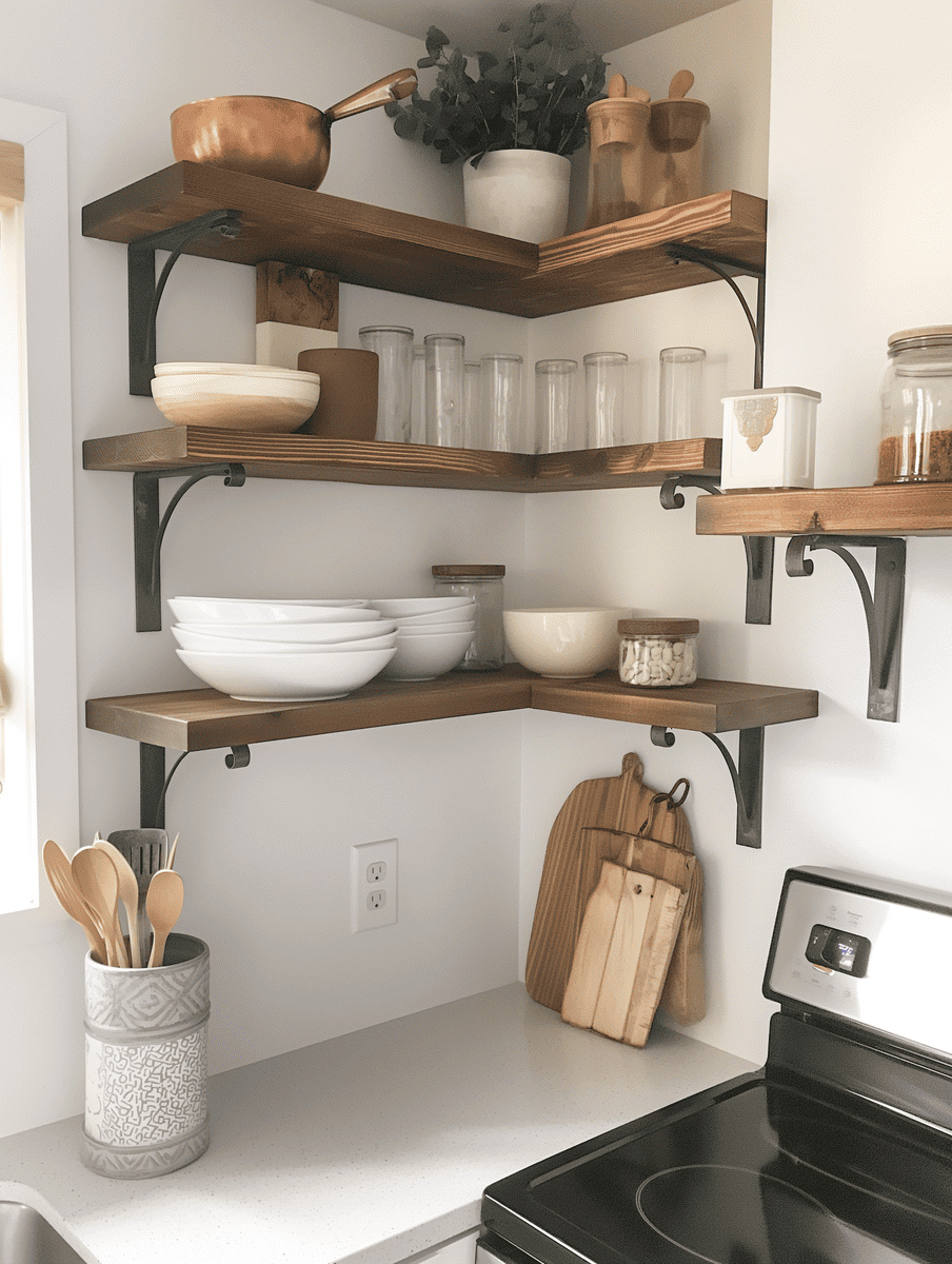 modern boho kitchen design with floating wooden shelves and industrial metal brackets