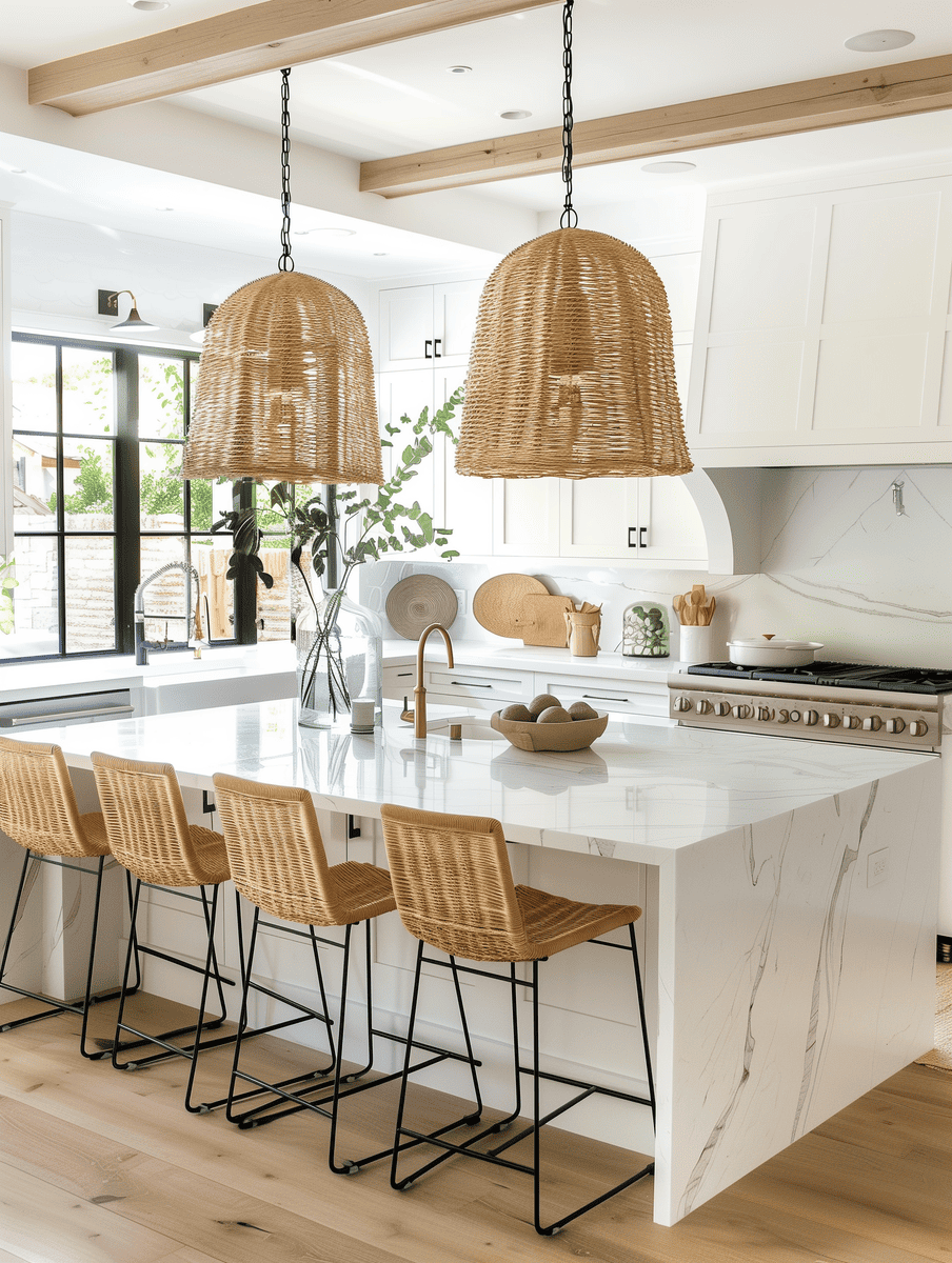 modern boho kitchen design with rattan pendant lighting over a quartz island