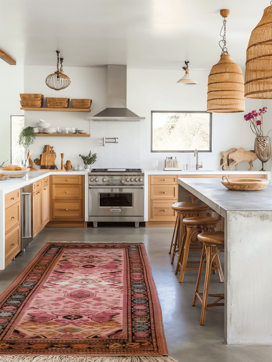 modern boho kitchen design with colorful boho rugs on polished concrete floors