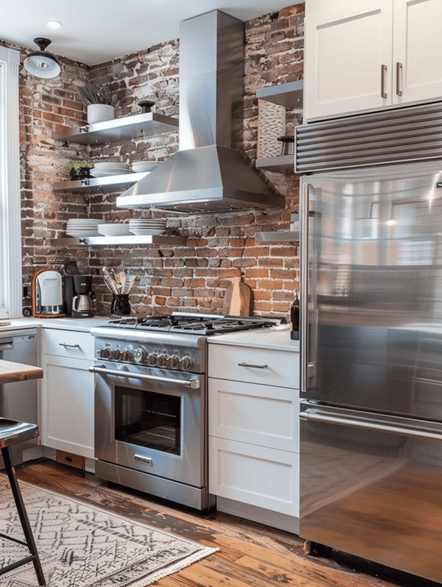 modern boho kitchen design with exposed brick walls and modern stainless steel appliances