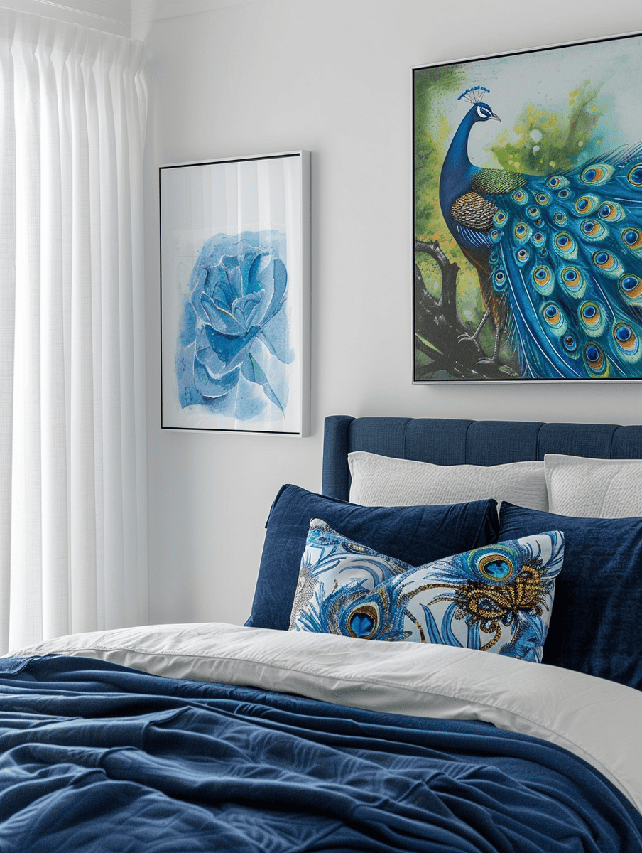 Peacock inspired bedroom with white walls and matched with a navy blue themed bedding
