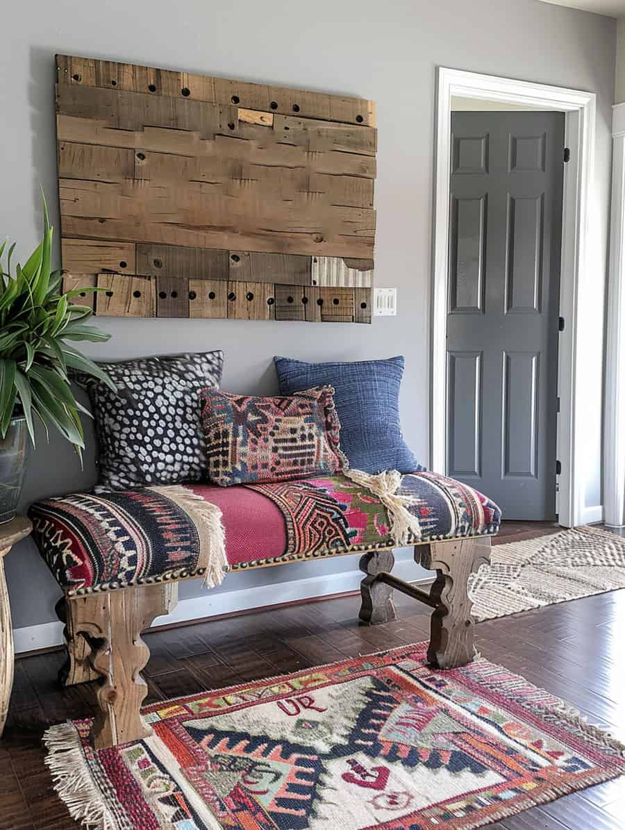 rustic boho entryway design with a distressed wood sign and a colorful patchwork ottoman