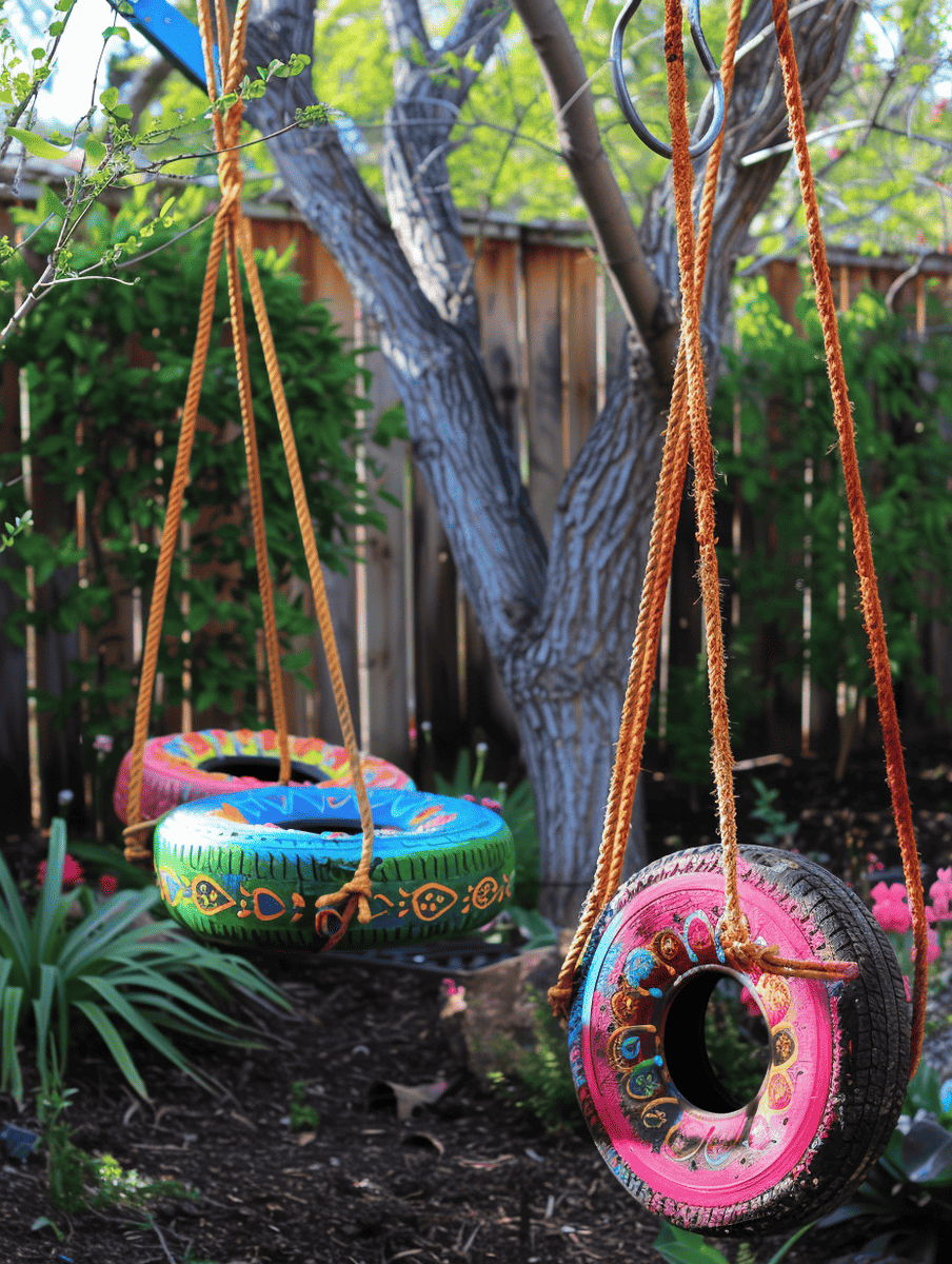 boho style backyard with repurposed tire swings painted in vibrant hues