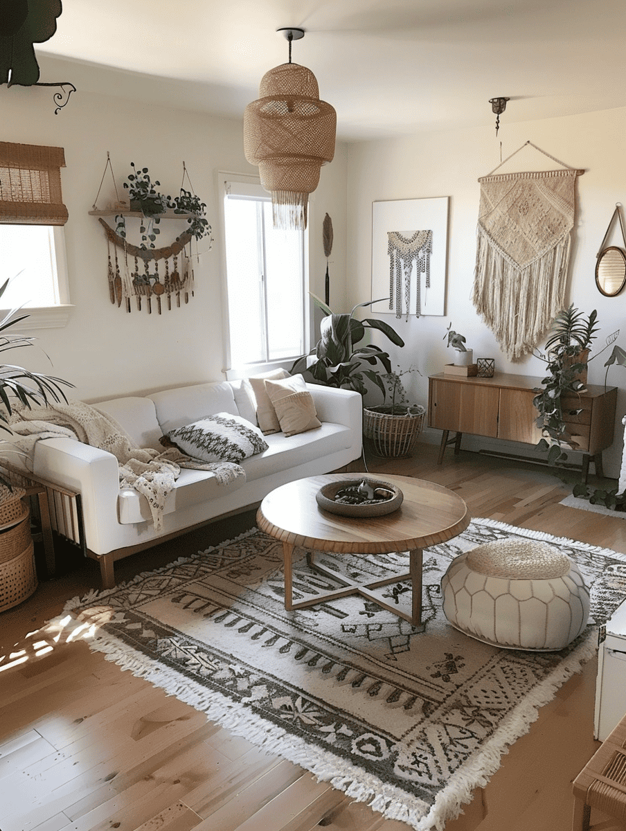 Beautiful and inviting living room with hardwood floors and gorgeous white walls matched with an overall boho design