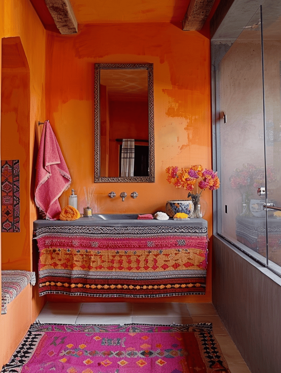 colorful boho bathroom with fiery orange accents and ethnic patterns