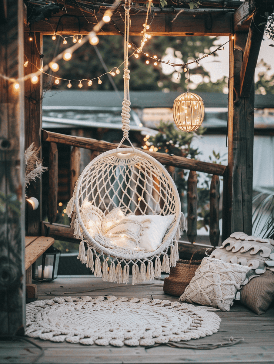 boho outdoor patio design. Macrame hanging chair with fairy lights