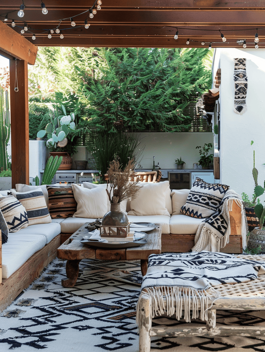  boho outdoor patio design. Rustic wood furniture with tribal print throws