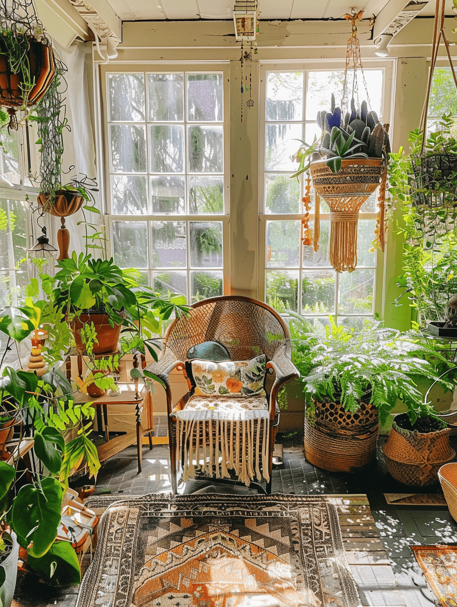 boho sunroom design with vintage finds and greenery