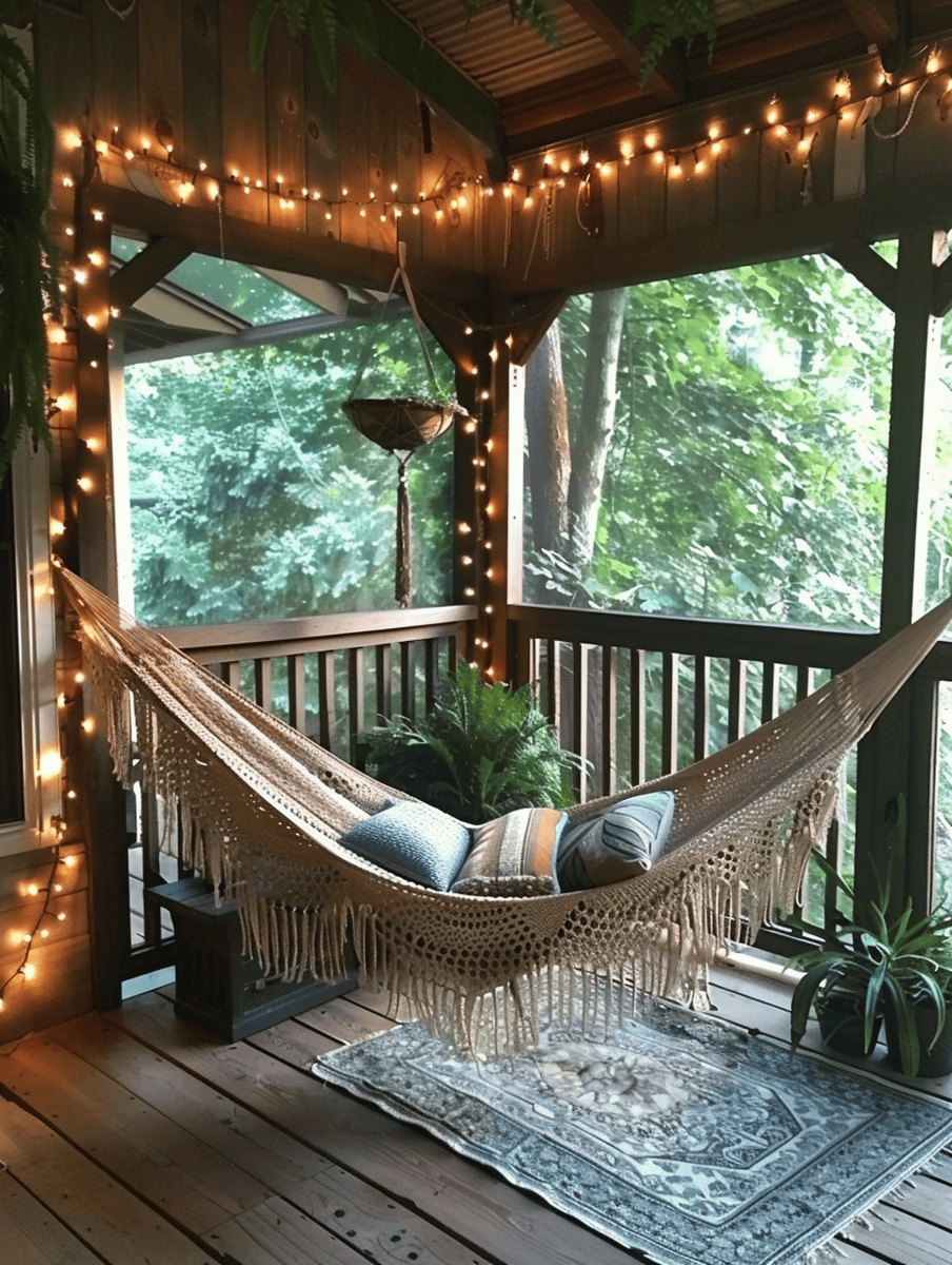An inviting porch retreat aglow with warm fairy lights, featuring a fringe-trimmed hammock strewn with cozy pillows, set above an ornate rug, all nestled among the tranquil backdrop of towering trees and verdant foliage.