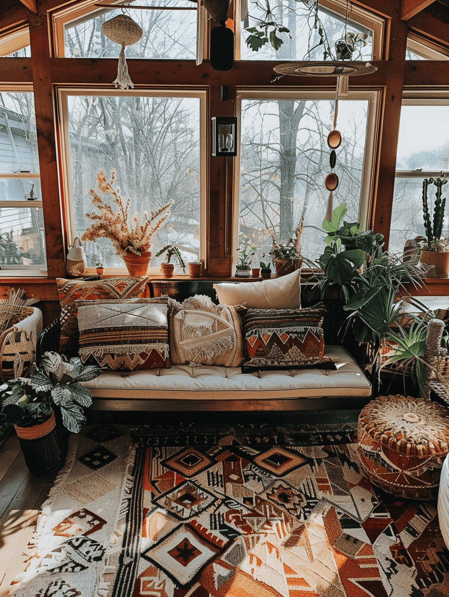boho sunroom design with bold patterns and earth tones