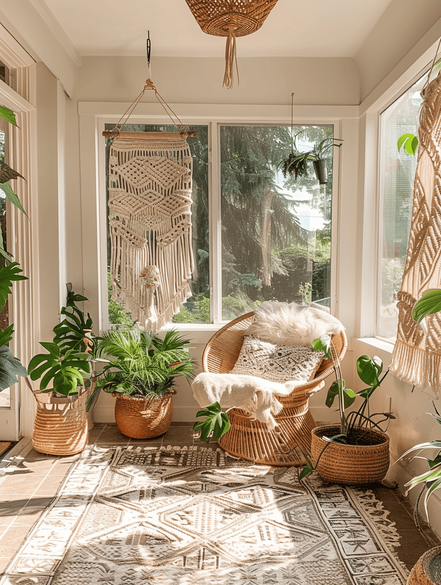 boho sunroom design with macramé wall hangings and wicker baskets