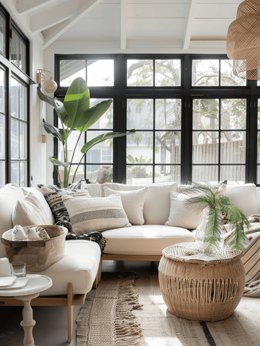 boho sunroom design in minimalist boho chic with neutral tones and sleek lines