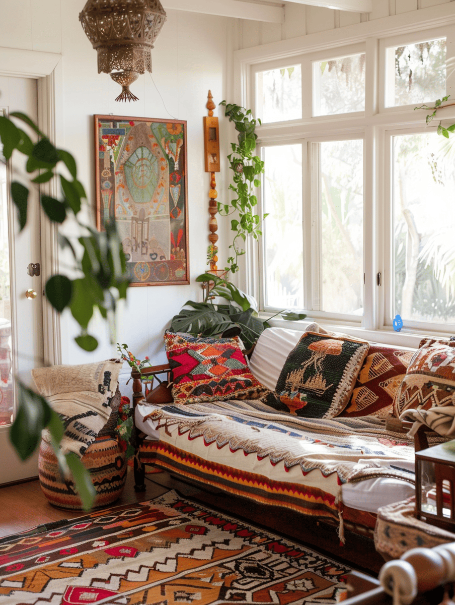 boho sunroom design with eclectic artwork and patterned throws